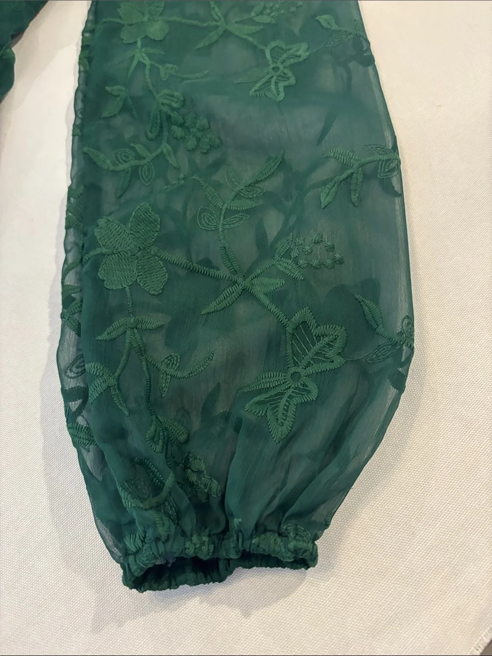 Lulu's Emerald Green V-Neck Floral Embroidered Sheer-Long Sleeve Mini Dress. Med